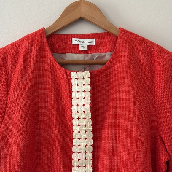 New Coldwater Creek Shell Embellished Jacket Orange Hopsack Snap Front Size 12 - Picture 3 of 15